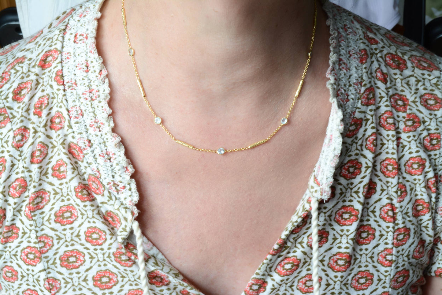 AJS Design Studio - Blue topaz necklace with textured tube spacers