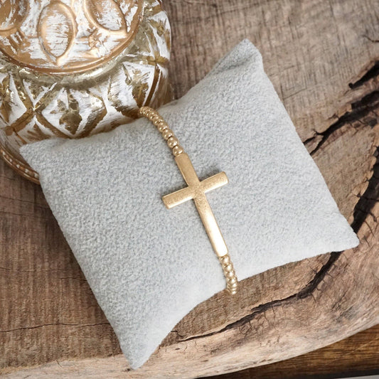 PennyLine inc - Minimal Cross Stretchy Bracelet in Worn Gold tone with Ball Beads