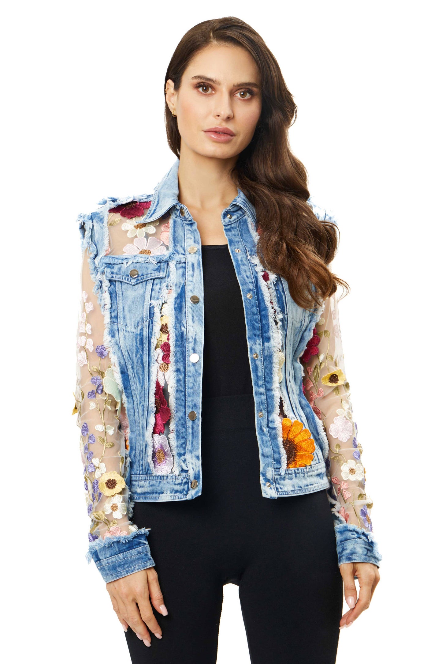 Adore - 2406 - Denim Lace Jacket with Floral Embroidery: L