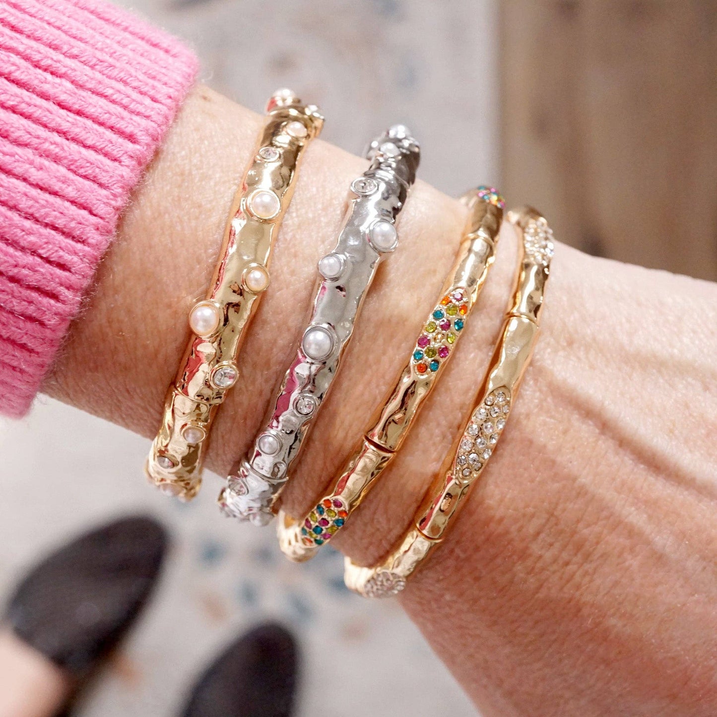 PennyLine inc - Stretchy Stackable Bangle Pearls and Rhinestones Gold or Silver Tone: Pearls and Crystals - Silver Tone