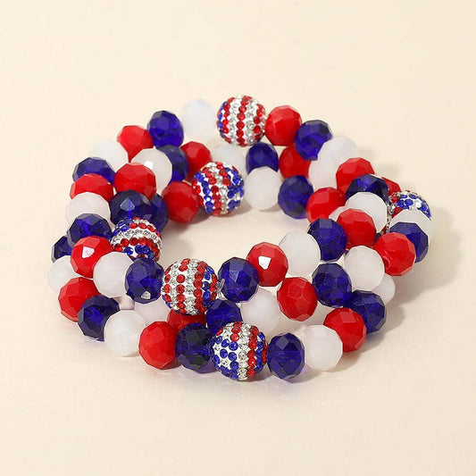 Sensibling Corp. - 3PCS - American USA Flag Shamballa Ball Faceted Beaded Stretch Multi Layered Bracelets