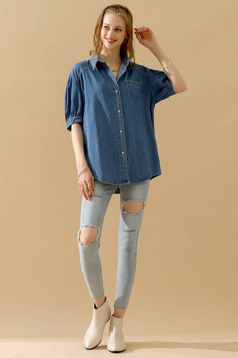 NINEXIS - CWJT0001-B_SHORT PUFF SLEEVE BUTTON DOWN DENIM SHIRTS: DENIM / (L) 1
