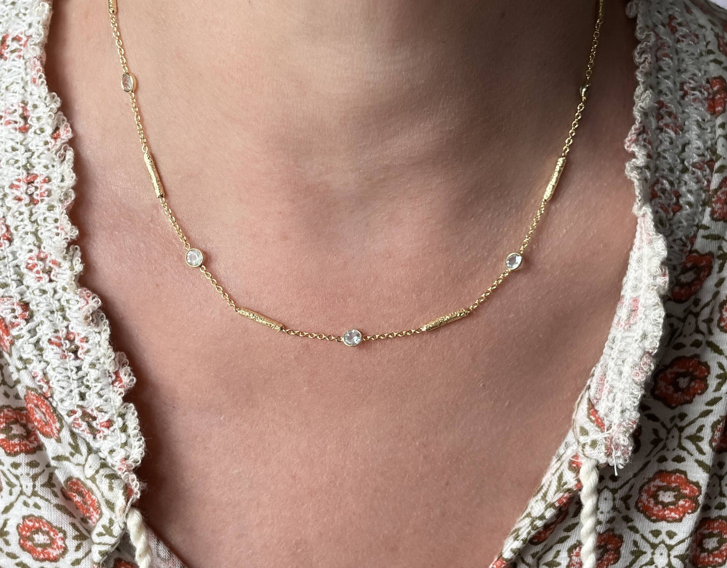 AJS Design Studio - Blue topaz necklace with textured tube spacers