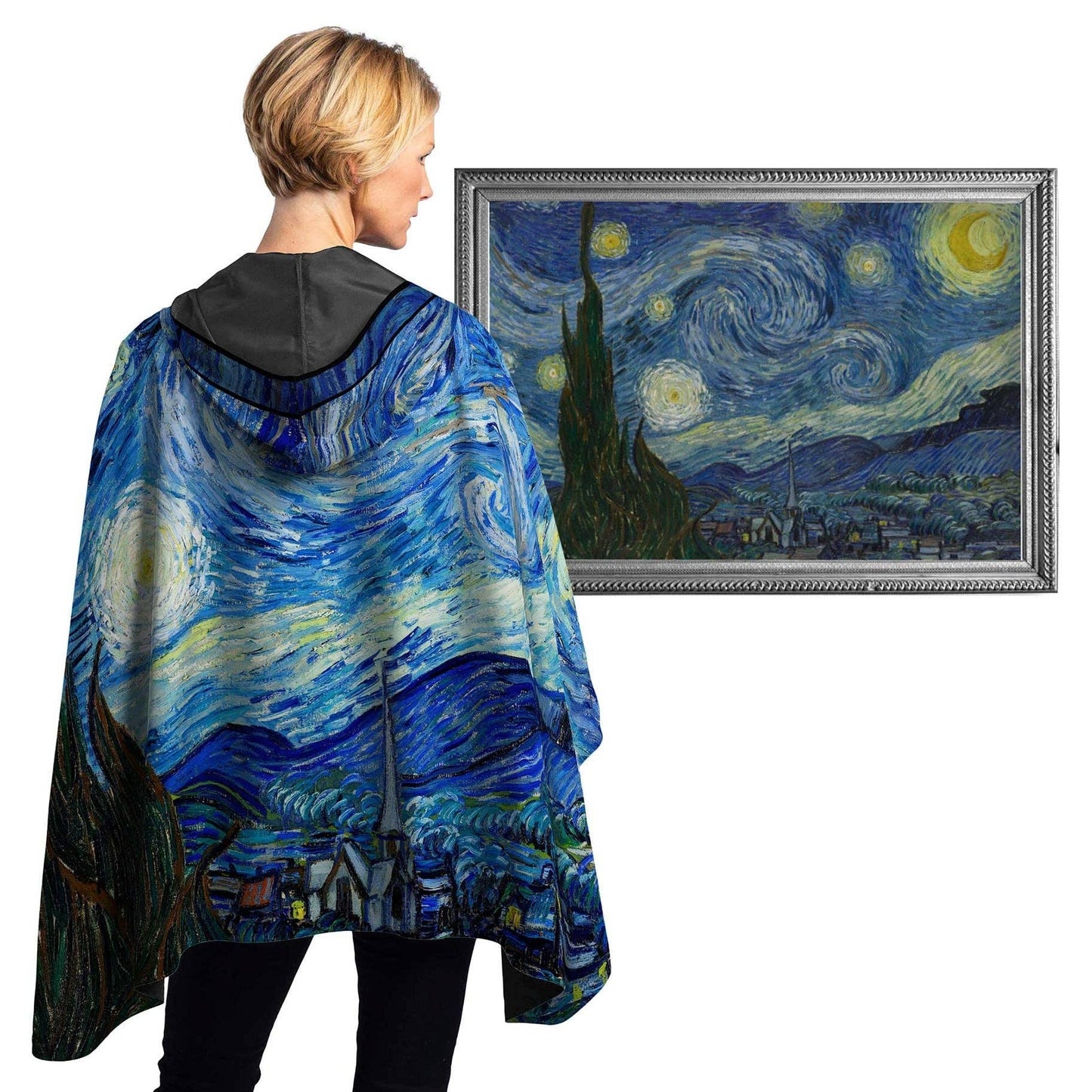 RainCaper - Van Gogh Starry Night Reversible Rain Cape – Lightweight Hooded Wrap for Women