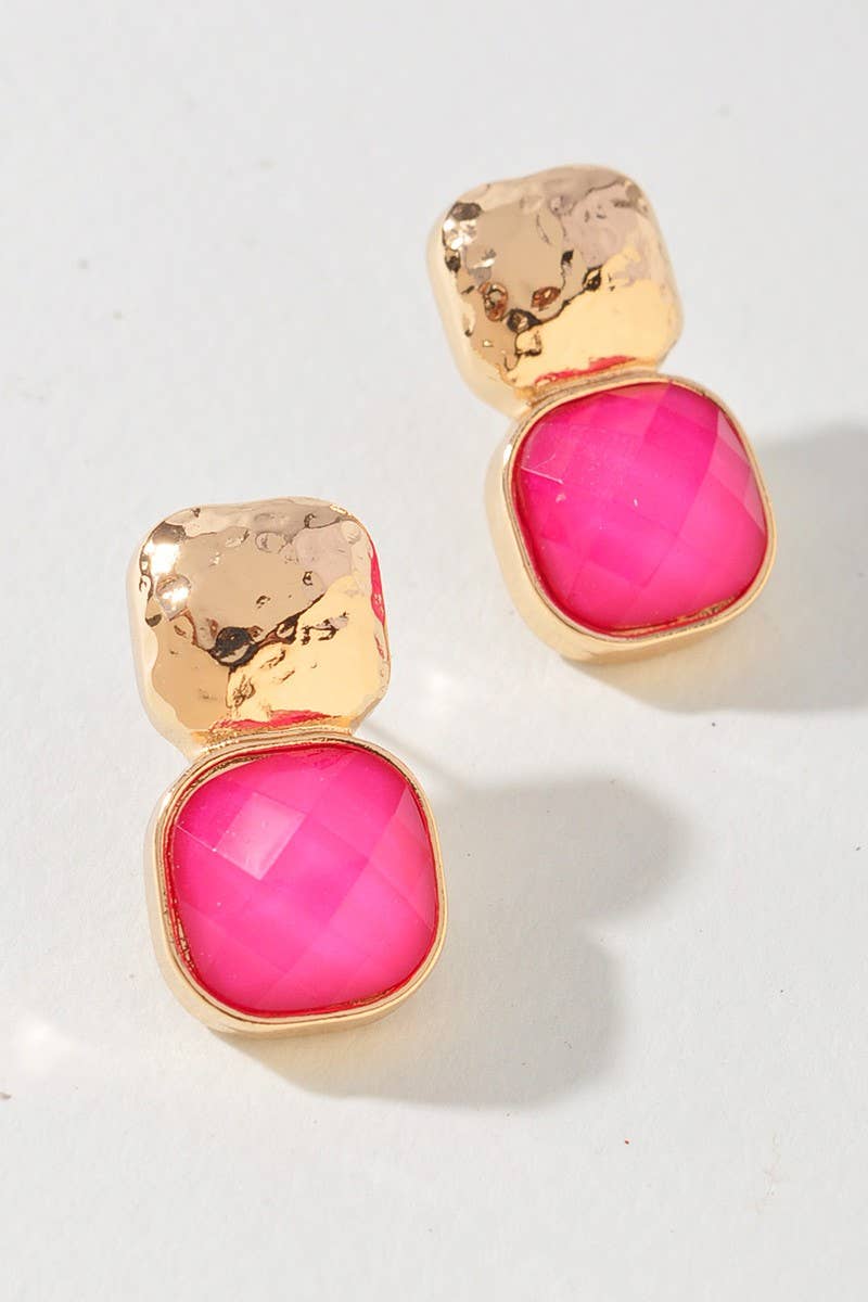 anbfashion - HAMMERED METAL SQUARE STONE EARRING : CORL
