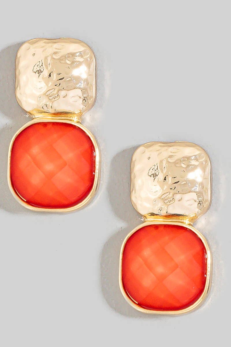 anbfashion - HAMMERED METAL SQUARE STONE EARRING : Gdgrn