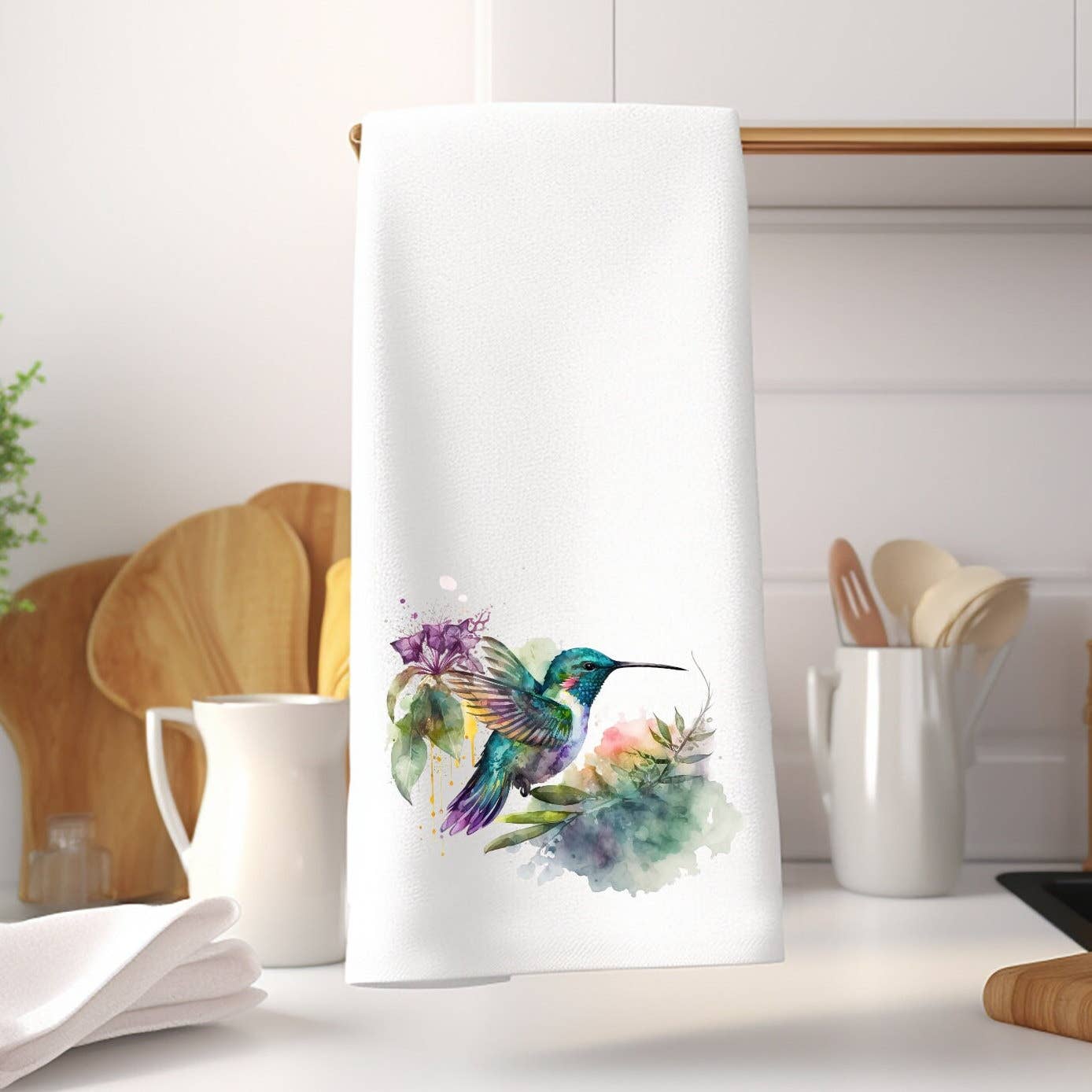 Fernville Creations - Hummingbird Watercolor Art Luxury Bathroom Hand Towel