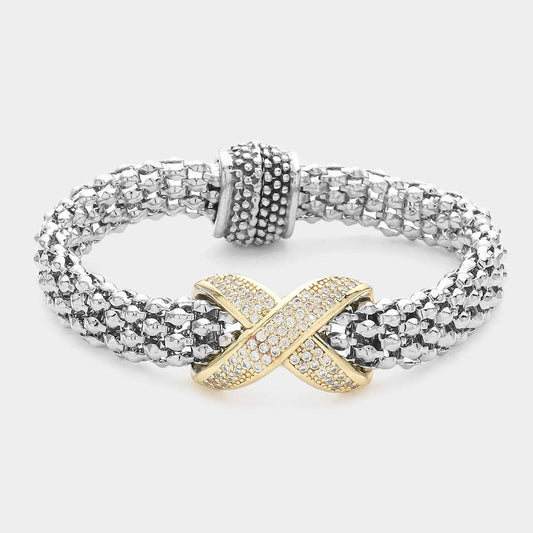 Sensibling Corp. - 14K Gold Plated CZ Stone Paved Crisscross Pointed Mesh Metal