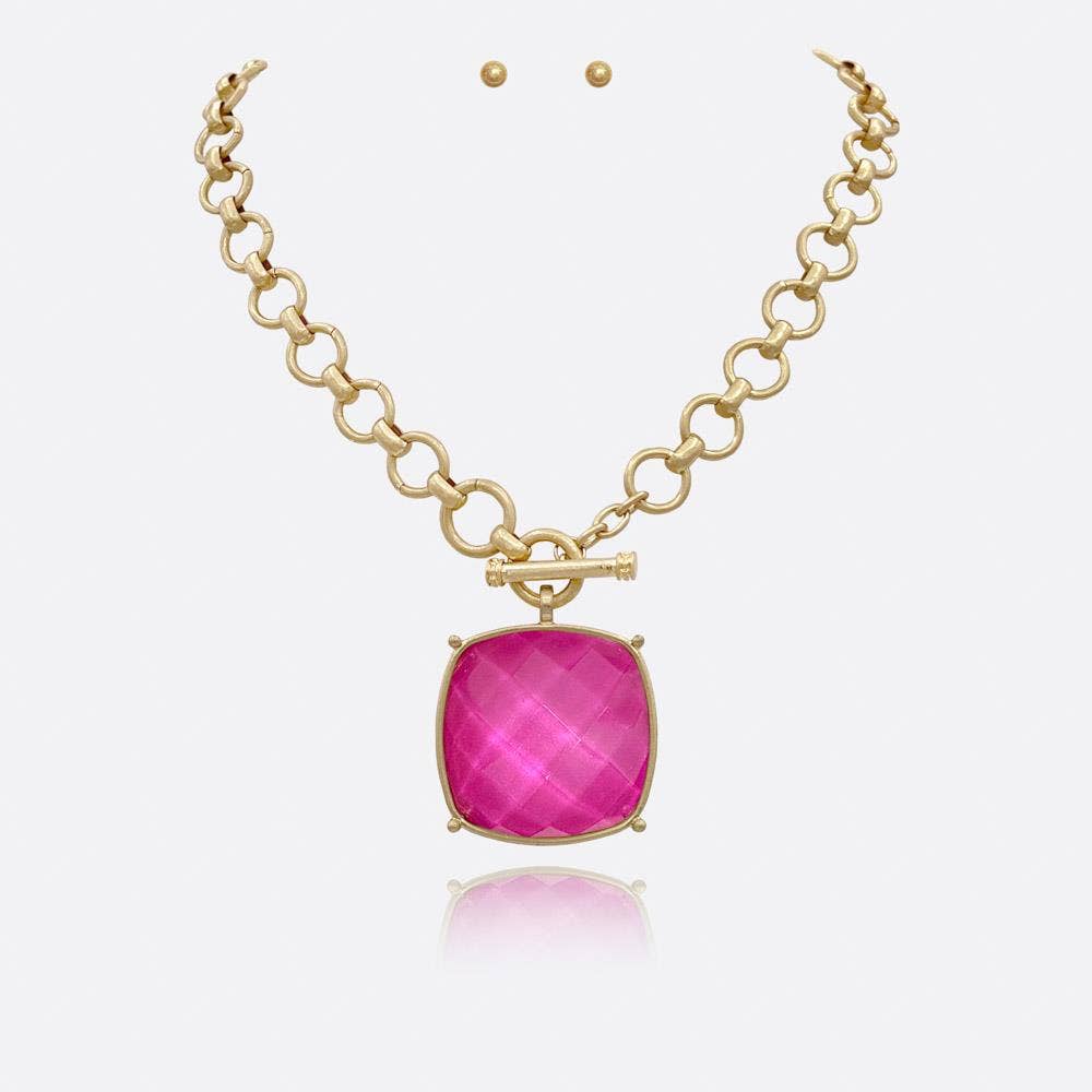 anbfashion - SQUARE STONE PENDANT CHAIN NECKLACE EARRING SET: ICYB