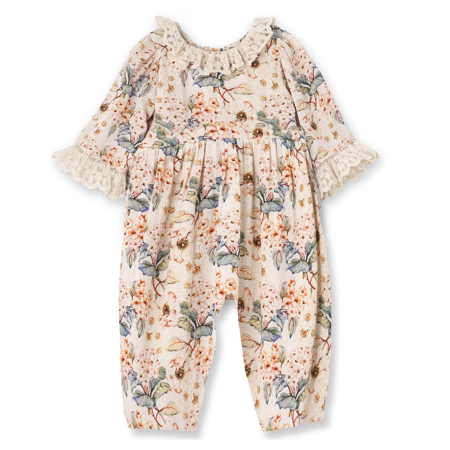 Tesa Babe - Vintage Floral Baby Girl Romper – Lace Ruffles - Linen Blend: 9-12M