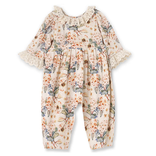 Tesa Babe - Vintage Floral Baby Girl Romper – Lace Ruffles - Linen Blend: 9-12M