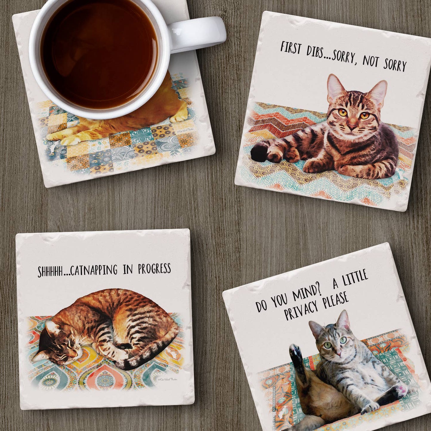 CounterArt/Highland Home/Thirstystone - Cat Nappy Assorted Image Tumbled Tile Coaster 4 Pack