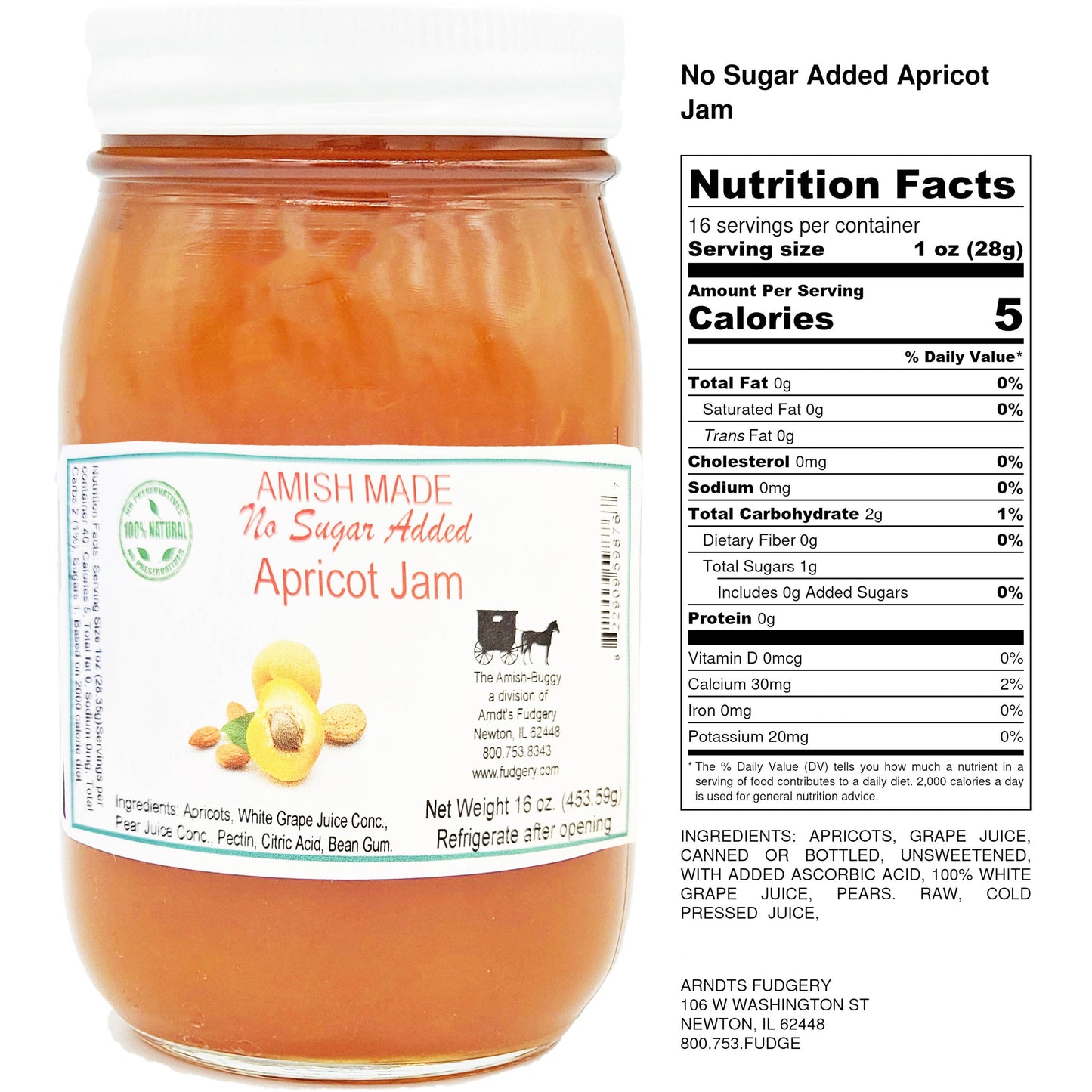 Arndt's Fudgery LLC - All Natural No Sugar Added Amish Made 16 oz. Jam: Peach