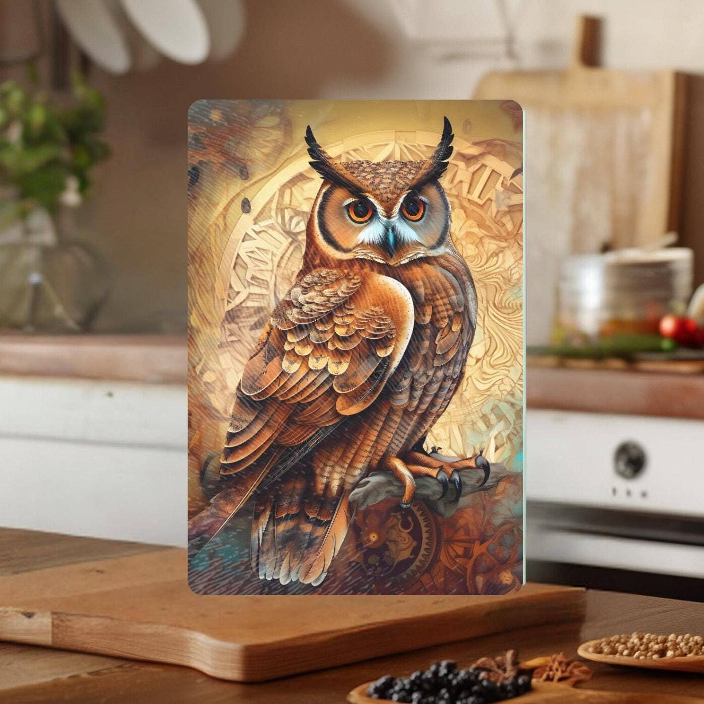 Fernville Creations - Owl Tempered Glass Cutting & Serving Board, Kitchen Art Gift: 12x15 Inch