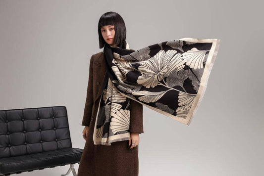 Winding River - Black / Cream Large Ginkgo Reversible Wrap