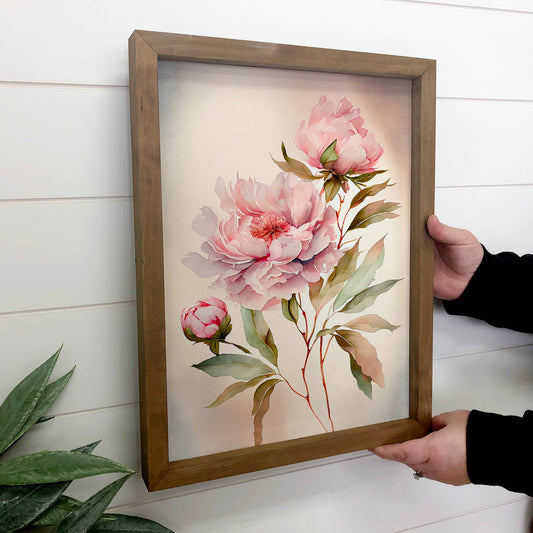 Hangout Home - Pink Peonies - Framed Nature Decor - Farmhouse Wall Art: 24x36" Extra Large Canvas Art with Thick Wood Frame