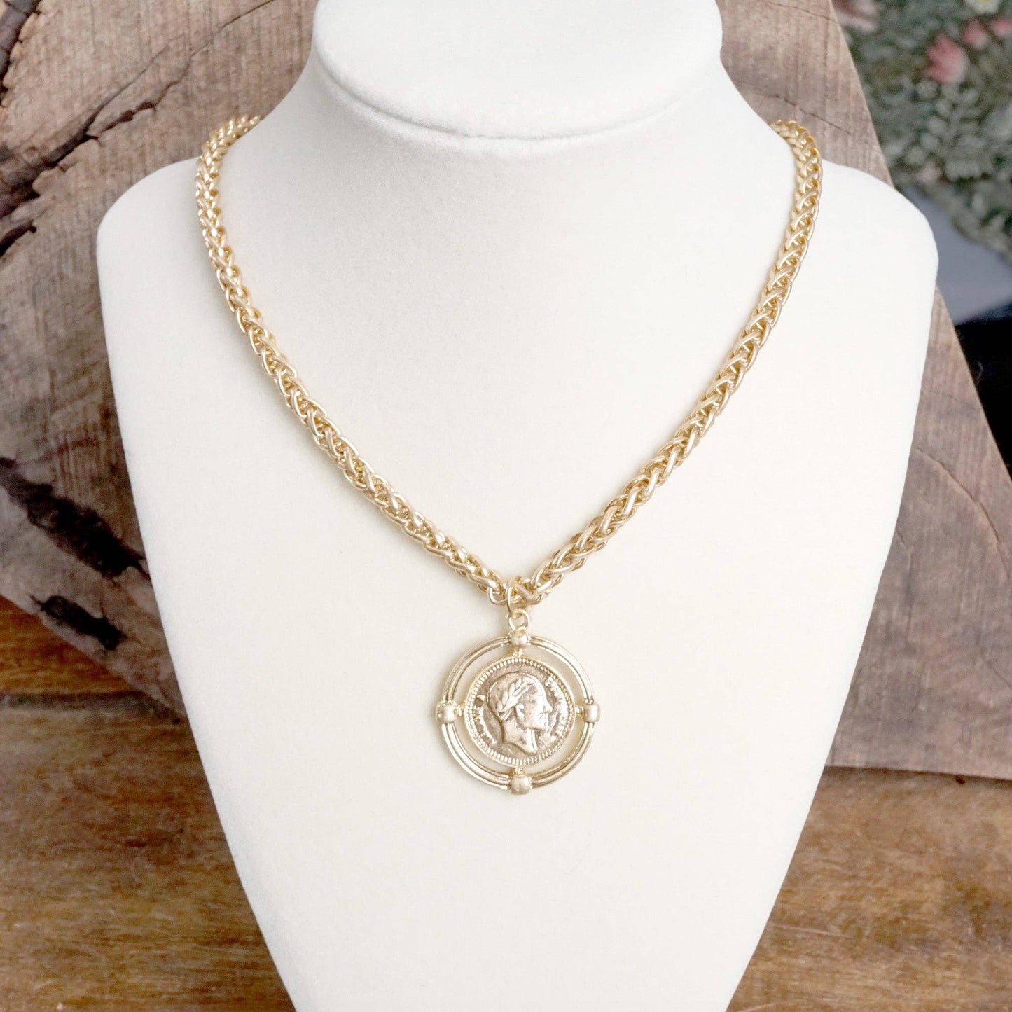PennyLine inc - Framed Coin Necklace with Worn Gold-Tone Wheat Chain
