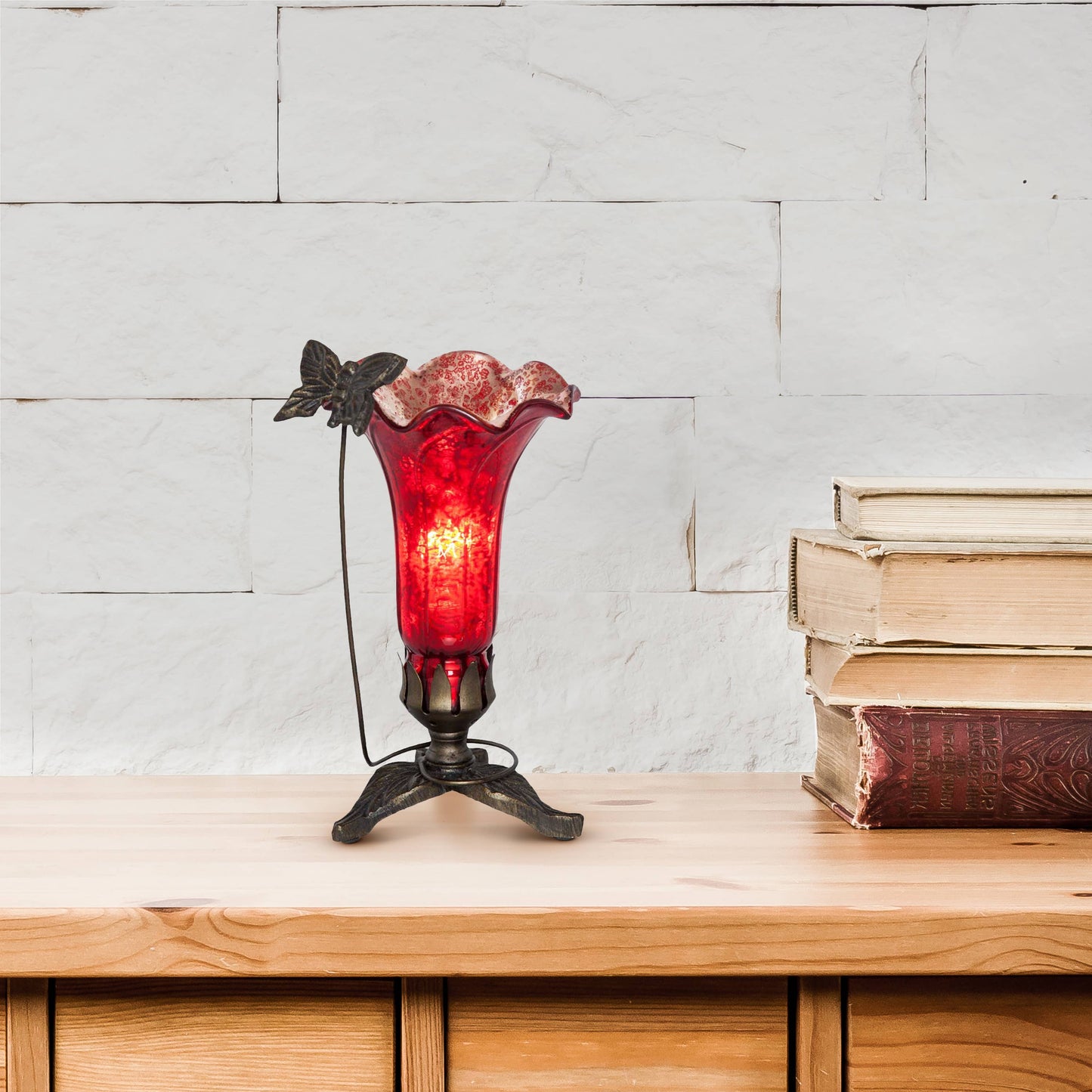 River of Goods - 9"H Red Hand Blown Mercury Glass Butterfly Lily Lamp