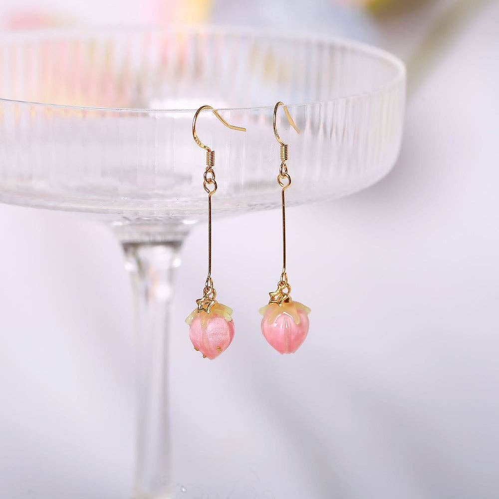 Haengseongworkshop - 18K Gold Plated Pink Rose Bud Glass Lamp work Earrings Dangle: Dangle