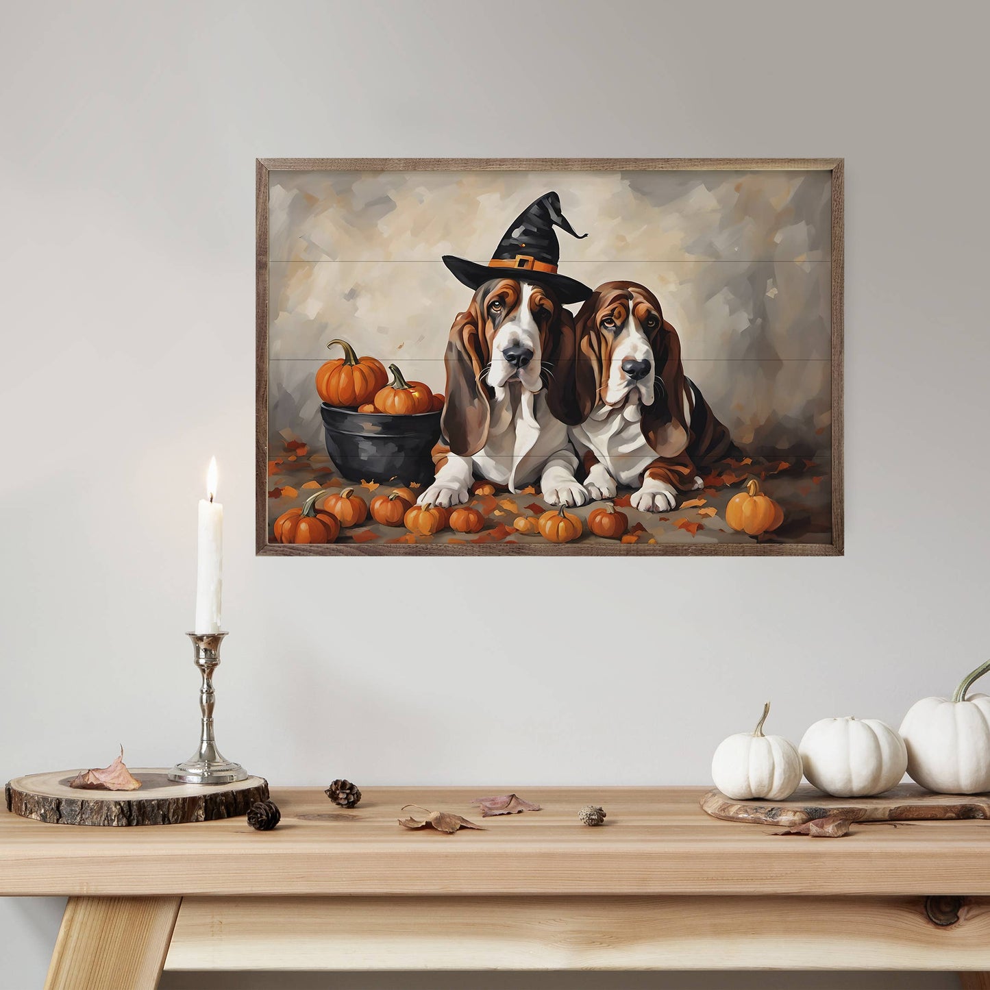 Kendrick Home - Two Bassets With Pumpkins: 8 x 5 x 1.5
