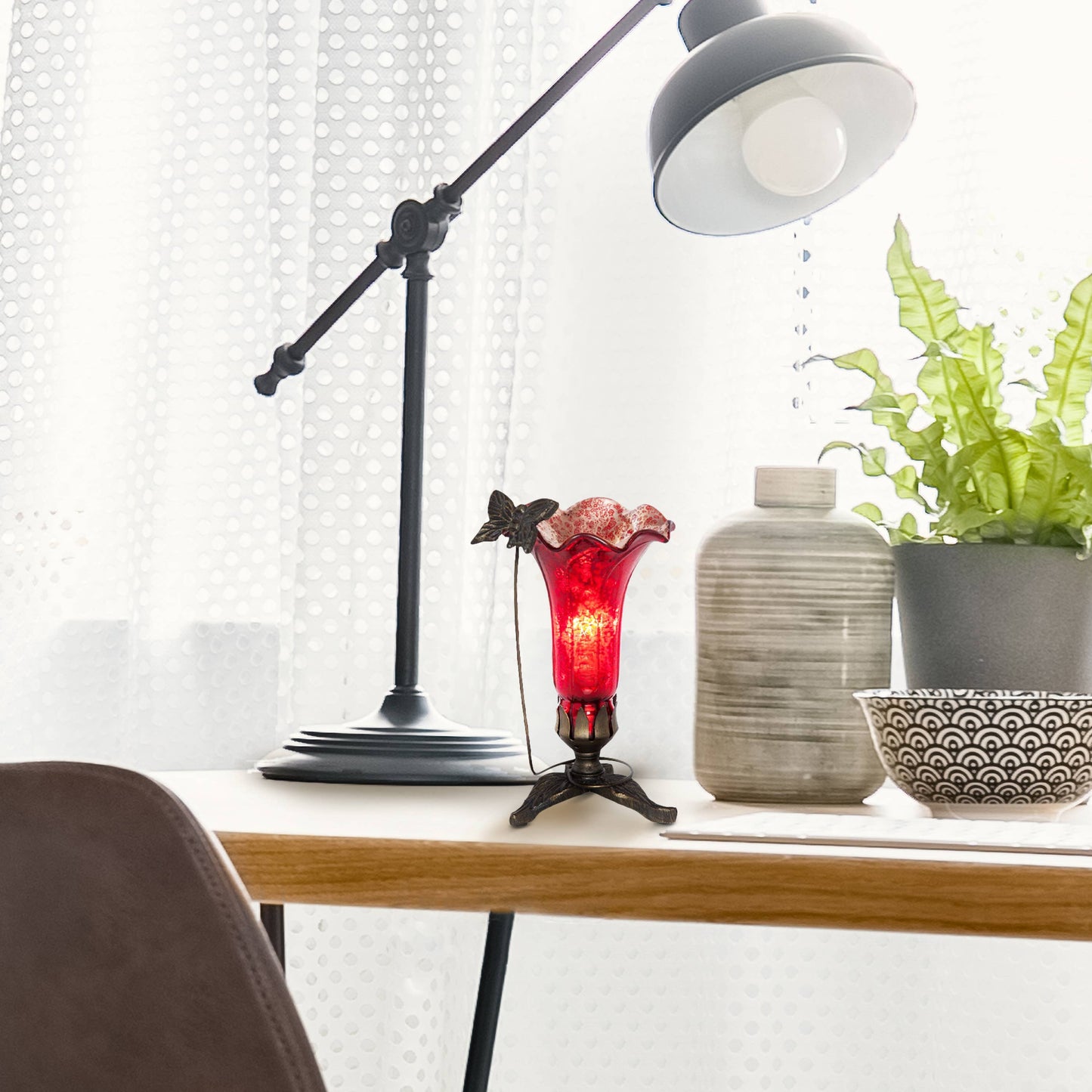 River of Goods - 9"H Red Hand Blown Mercury Glass Butterfly Lily Lamp