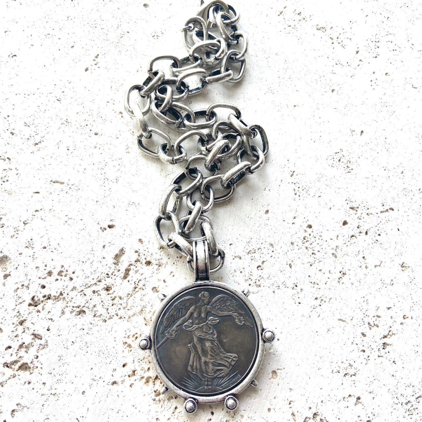 VB&CO Designs Handmade Jewelry - Medallion French Angel coin necklace boutique  jewelry: Burnished silver