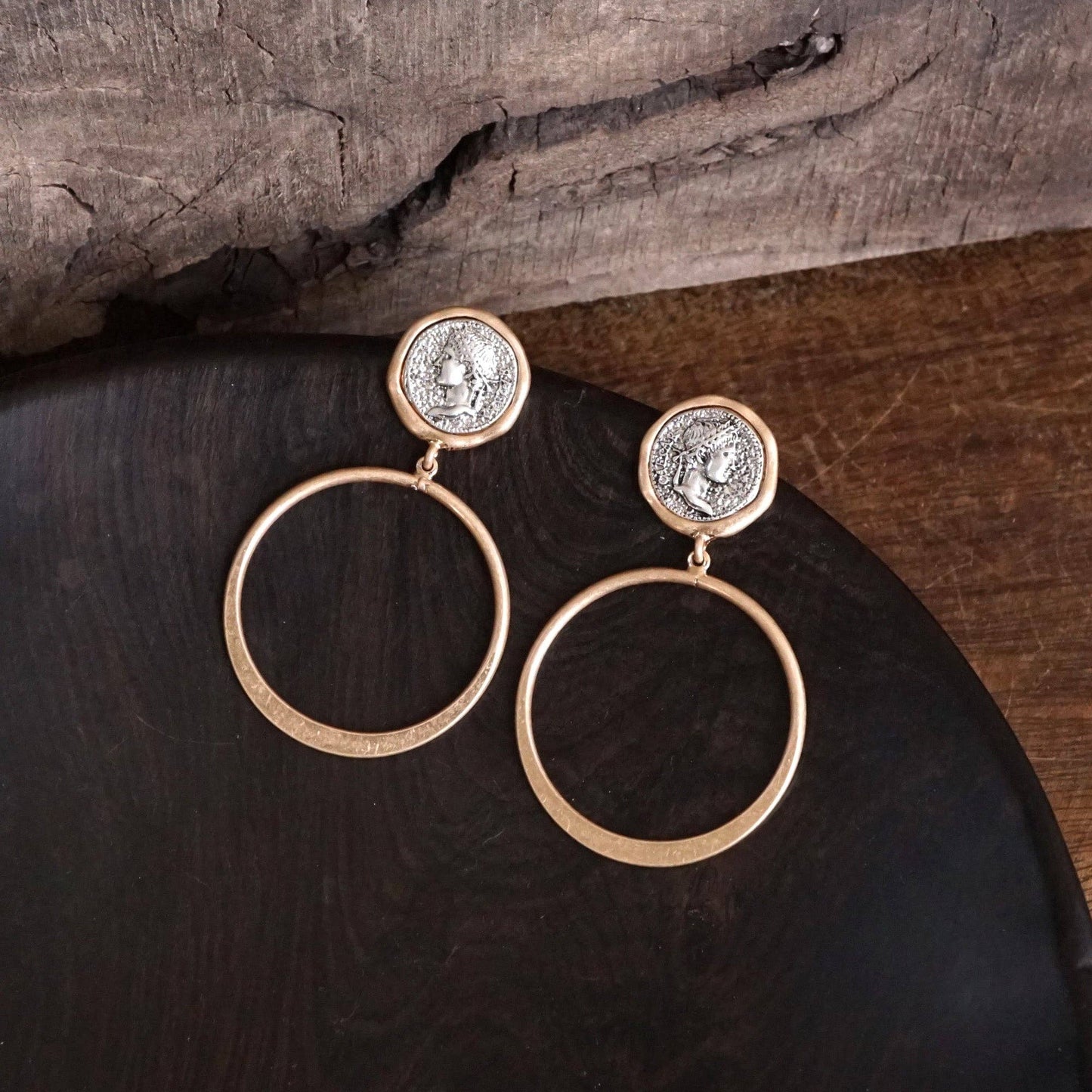 PennyLine inc - Boho Coin and Hoop Earrings – Silver & Gold Tone: Worn Silver Tone