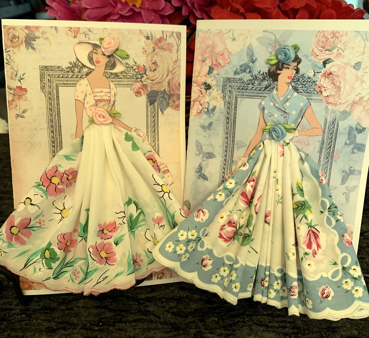 MOMENTS IN THYME - Fashion Ladies Keepsake Hankie Cards: Aqua/Pink