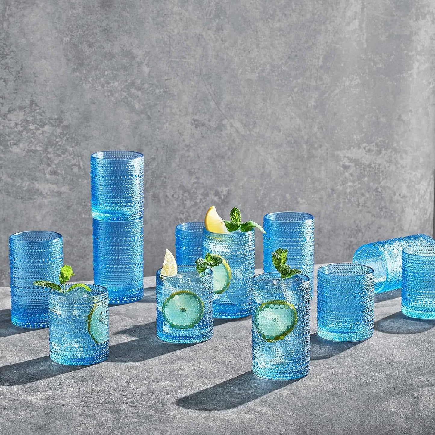 The Wine Savant /  Khen Glassware - Blue Hobnail Glasses, 12 Set, 6x Low 11OZ + 6x High 12OZ