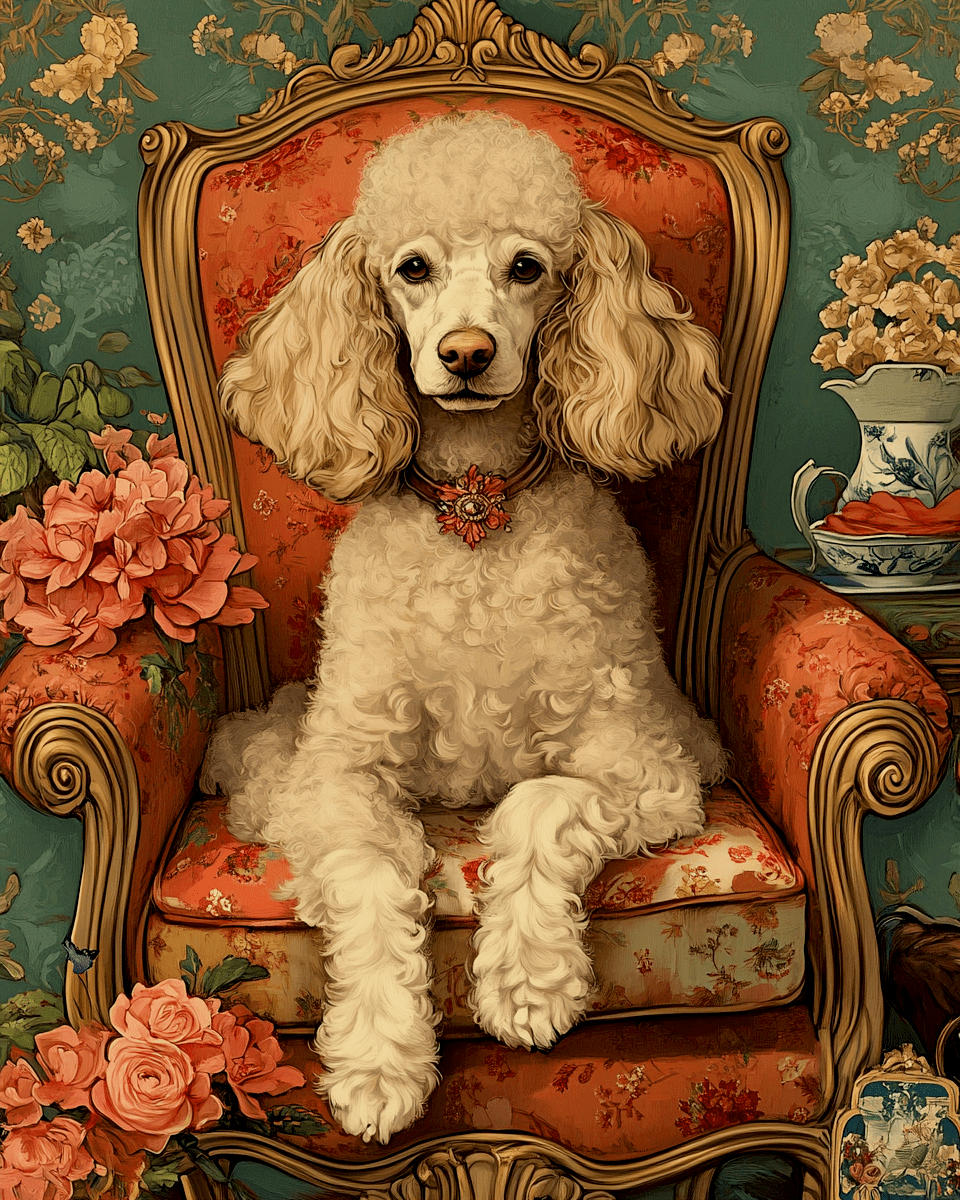 Mowbi - Poodle in Red Chair - Pet Dog Still Life Wall Art Prints – 8″x10″ Artwork for 11″x14″ Frame