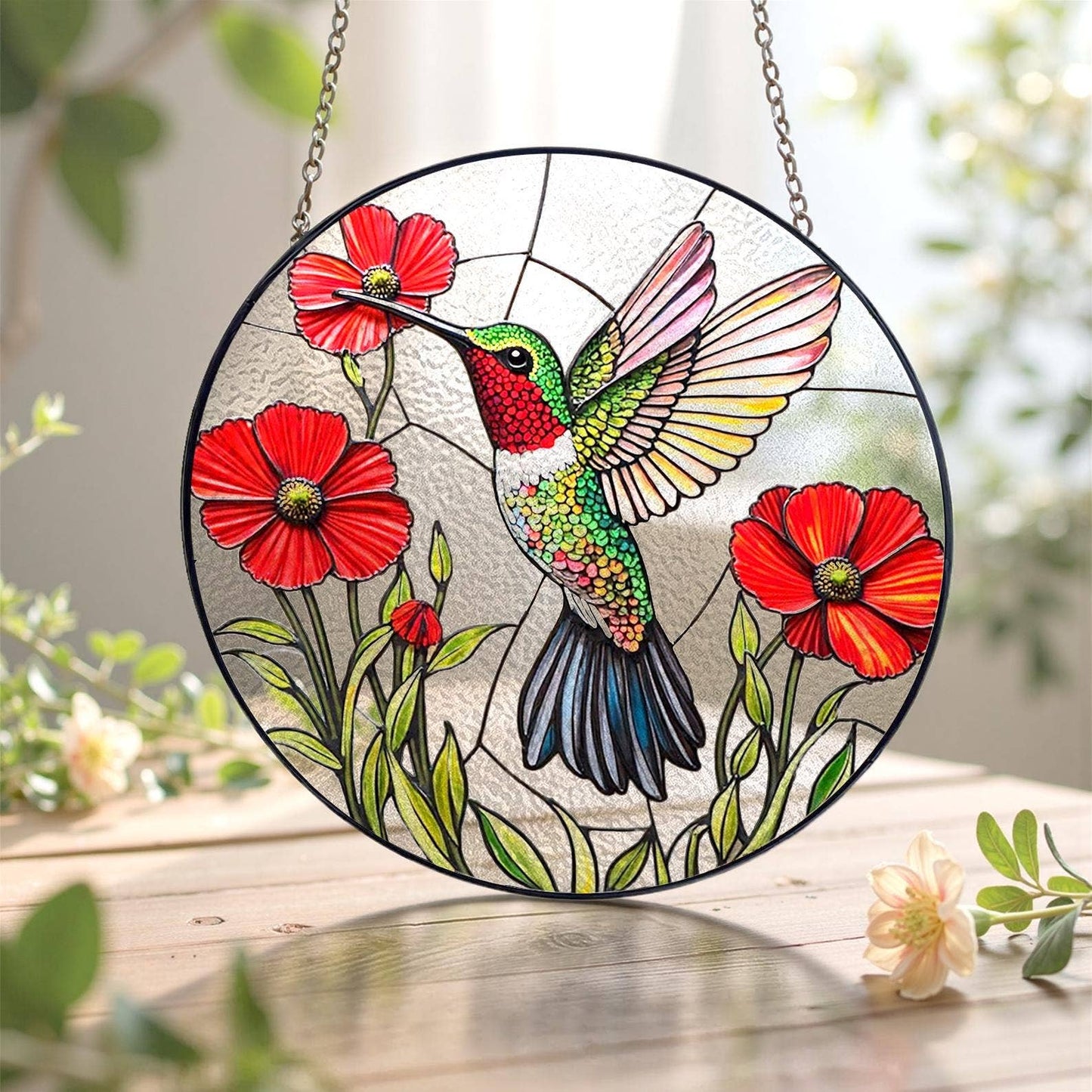 NVC Ecommerce LLC - Vibrant Bird and Poppy Stained Glass Suncatcher, Hummingbird: 11.8in