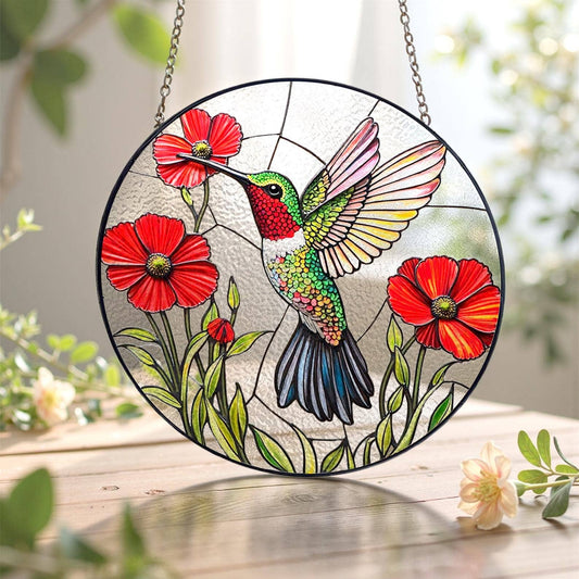 NVC Ecommerce LLC - Vibrant Bird and Poppy Stained Glass Suncatcher, Hummingbird: 11.8in