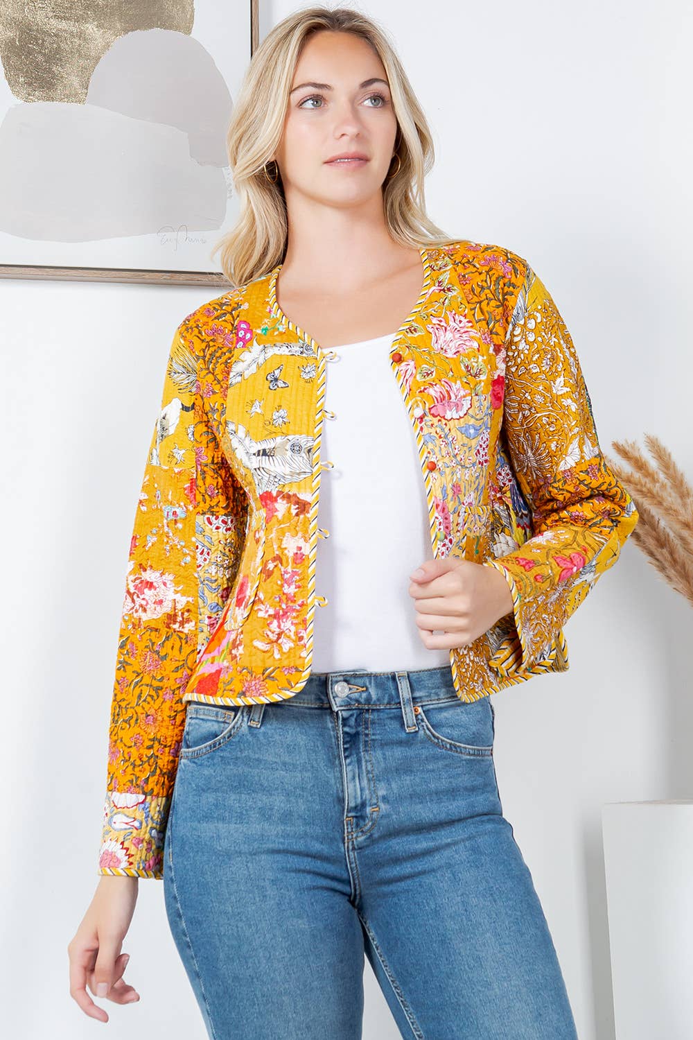 LA Soul - Floral Print Quilted Patch Cotton Jacket - Yellow: XXL