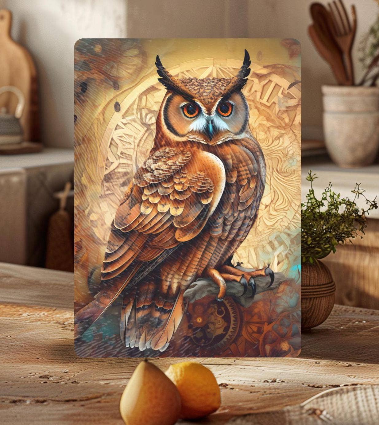 Fernville Creations - Owl Tempered Glass Cutting & Serving Board, Kitchen Art Gift: 12x15 Inch
