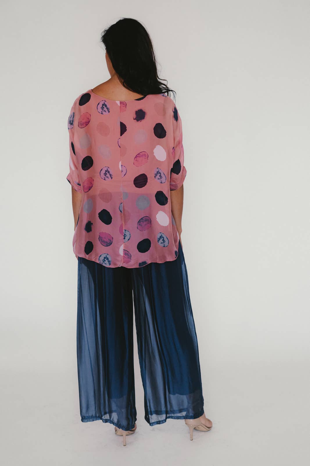 Dance in Paris - Top Flowy Silk with Dots: One Size / Denim Blue