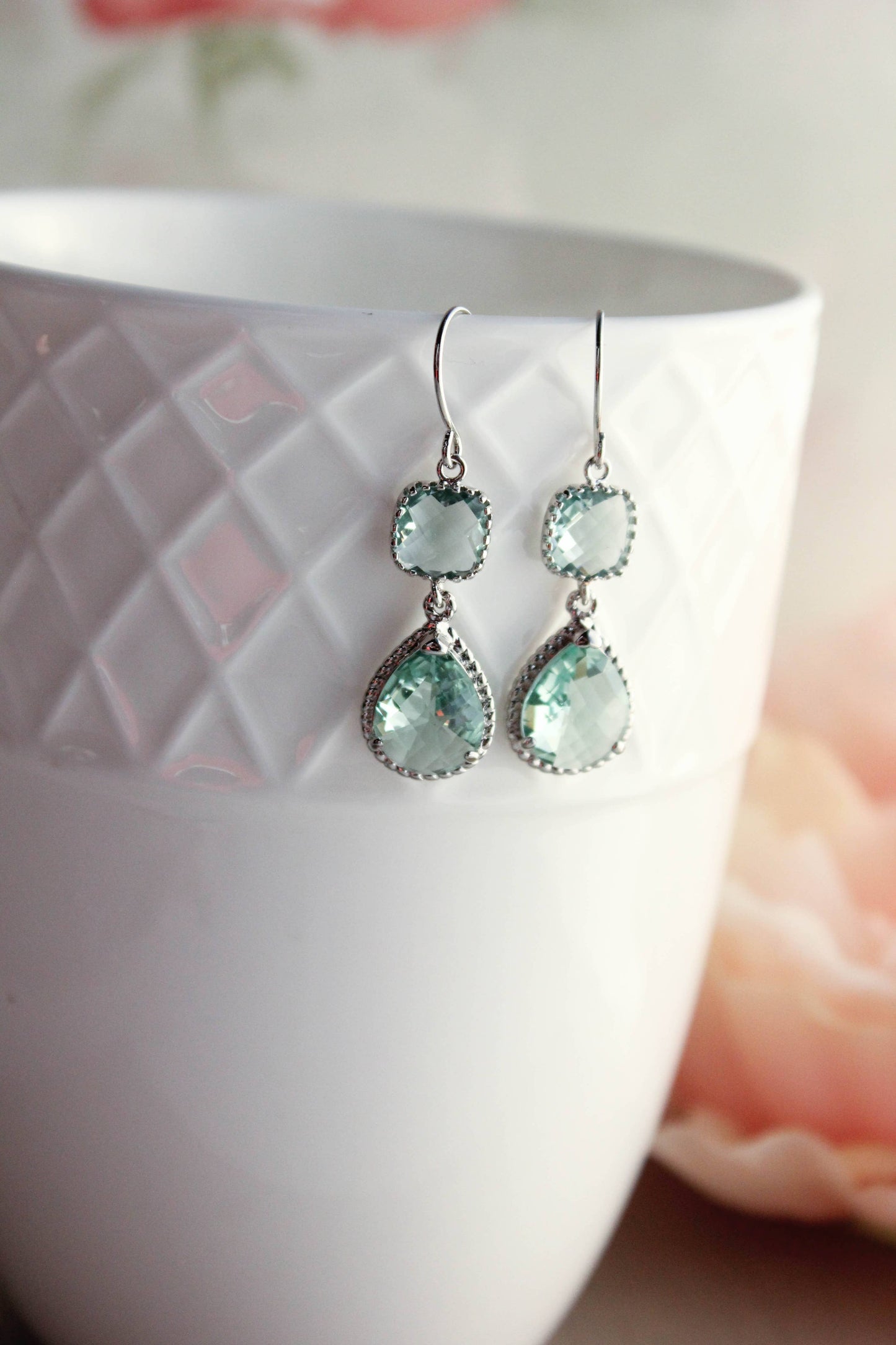 A Pocket of Posies - Aqua Erinite Glass Dangle Earrings - Two Jewel Teardrop