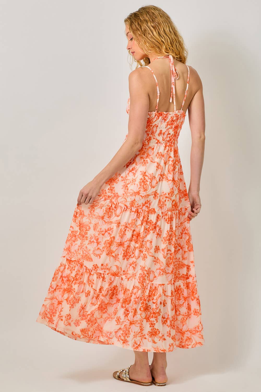 Mystree - 61048 Printed Mesh Long Tiered Dress: Ivory/Pale Blue / Medium