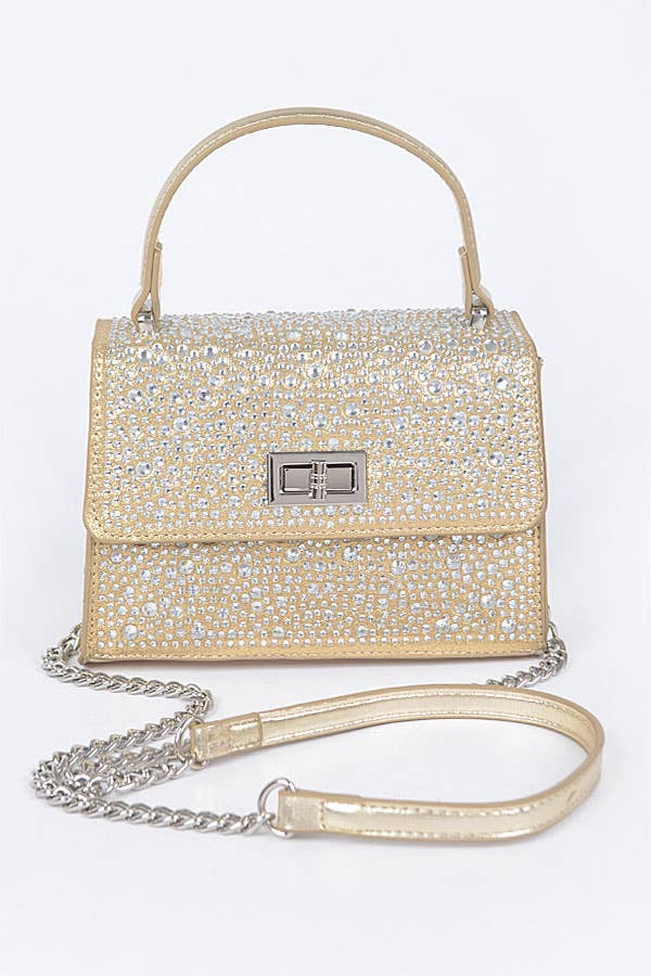 Shop Neighbors - Hot Fix Stones Metallic Top Handle Bag: GOLD