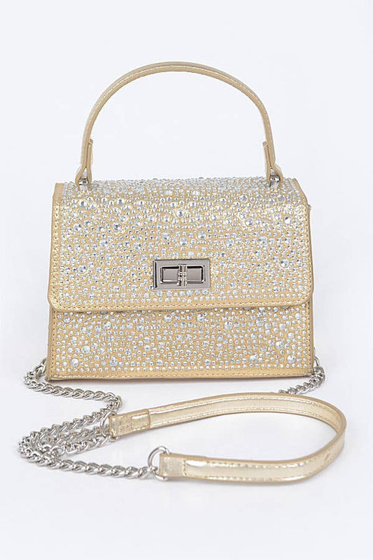 Shop Neighbors - Hot Fix Stones Metallic Top Handle Bag: GOLD