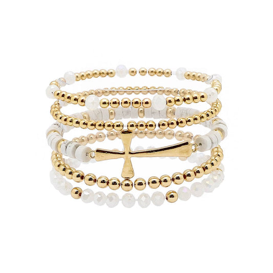 What's Hot - Set of 5 Gold, White Crystal, and Gold Cross Stretch Bracelet Set