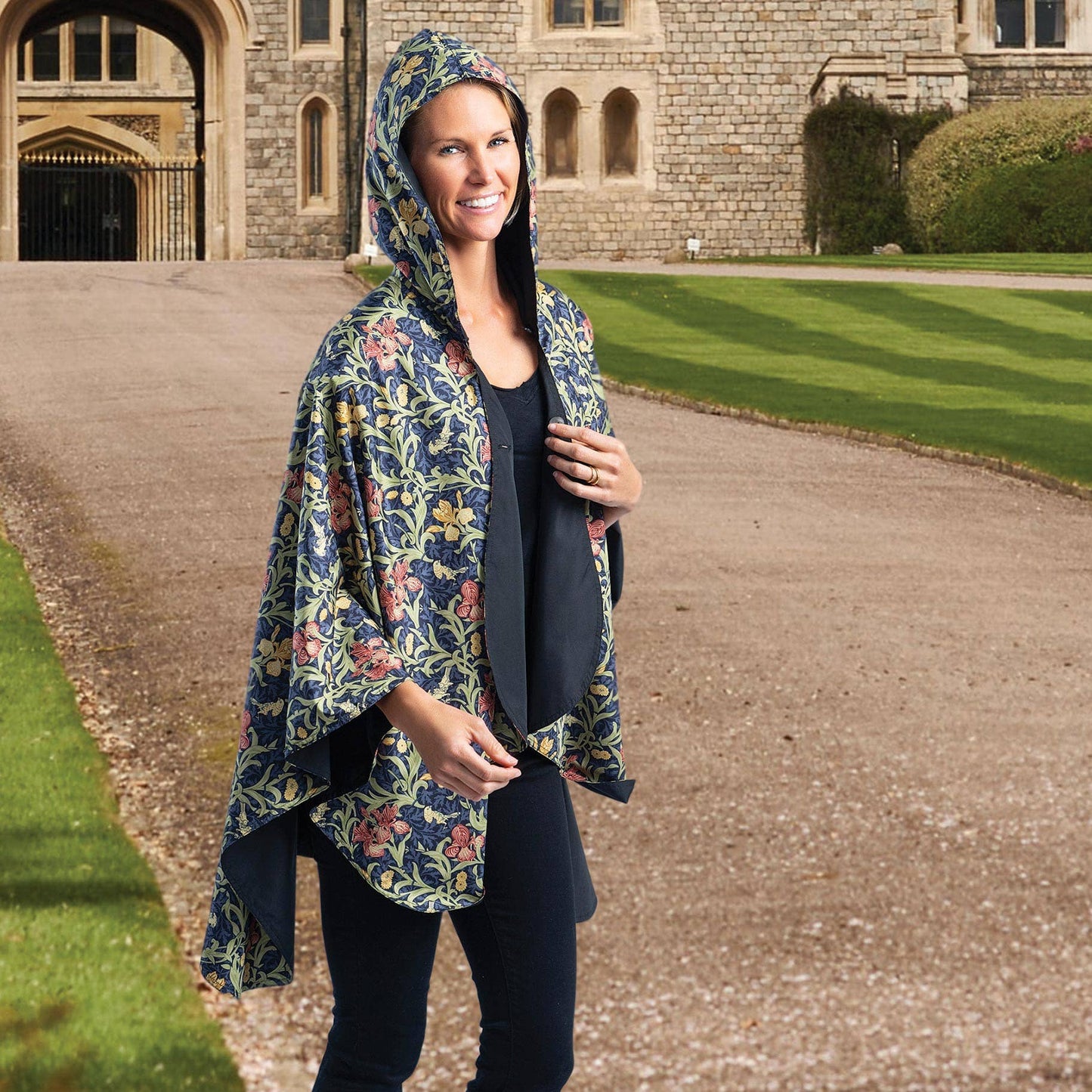 RainCaper - William Morris Golden Flowers & Black Womens Rain Cape - Rainproof Breathable Rain Poncho