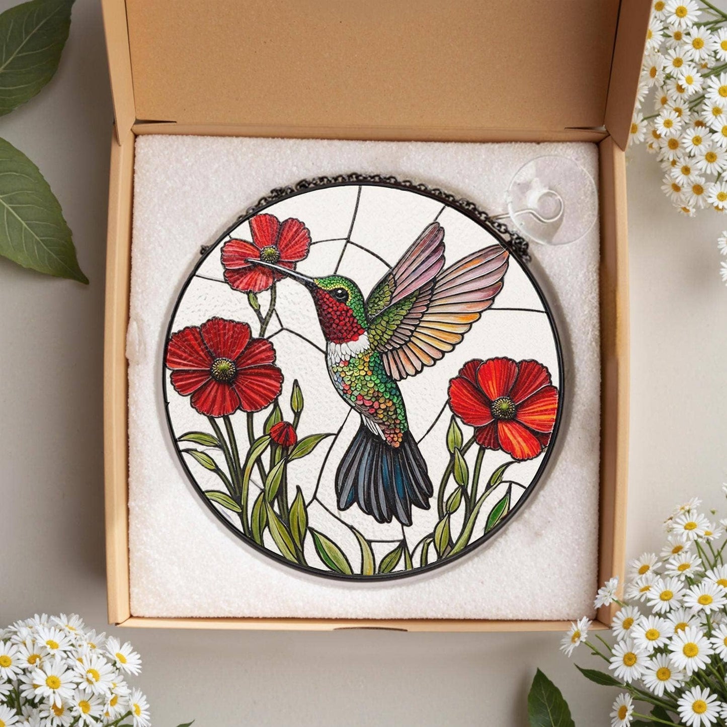 NVC Ecommerce LLC - Vibrant Bird and Poppy Stained Glass Suncatcher, Hummingbird: 11.8in