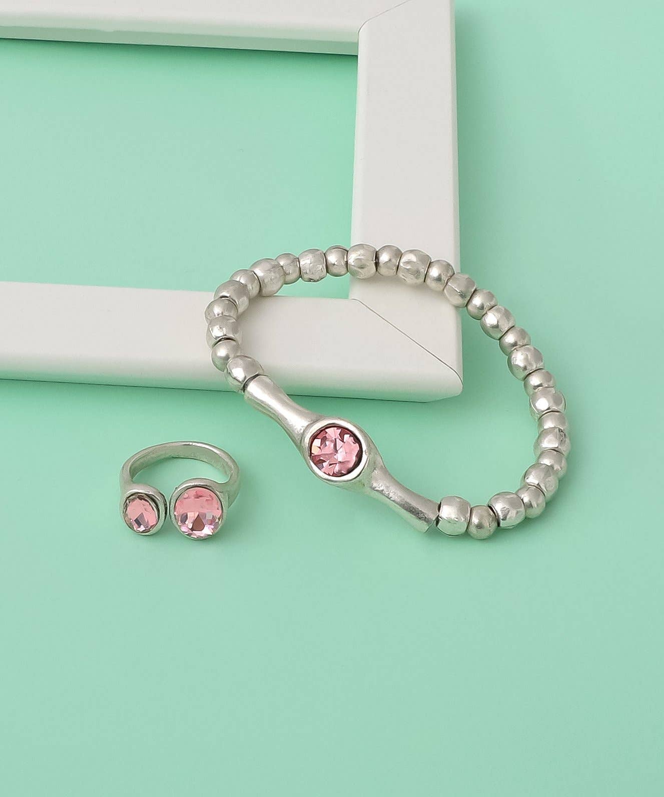 AVENS - Silver Plated Bracelet & Ring Set with Pink Crystal Stone: Silver / Brass