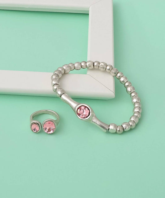 AVENS - Silver Plated Bracelet & Ring Set with Pink Crystal Stone: Silver / Brass