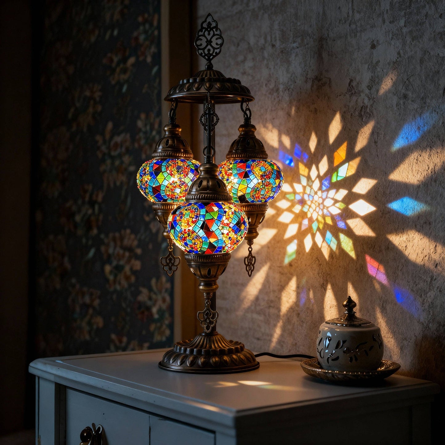 Mozaist LLC - 3-Globe Turkish Mosaic Table Lamp (Rainbow)