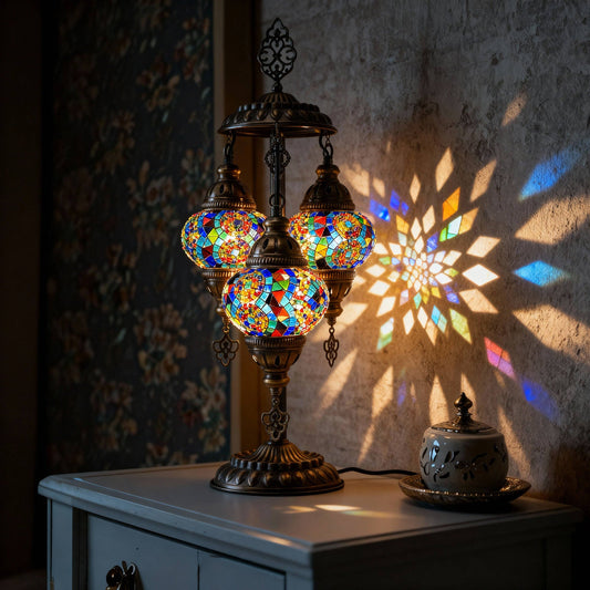 Mozaist LLC - 3-Globe Turkish Mosaic Table Lamp (Rainbow)