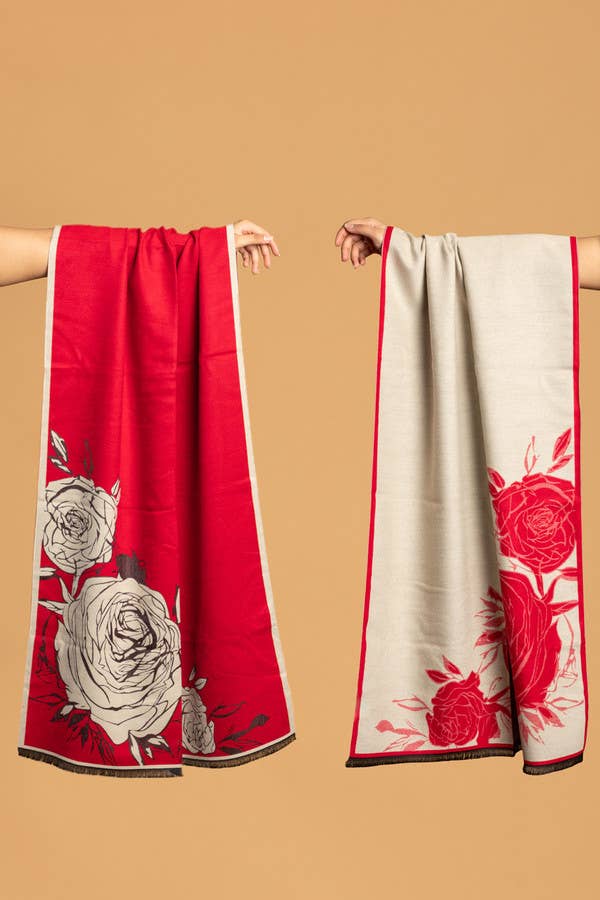 SAACHI - Fiore Reversible Rose Pattern Scarf: Red/Ivory