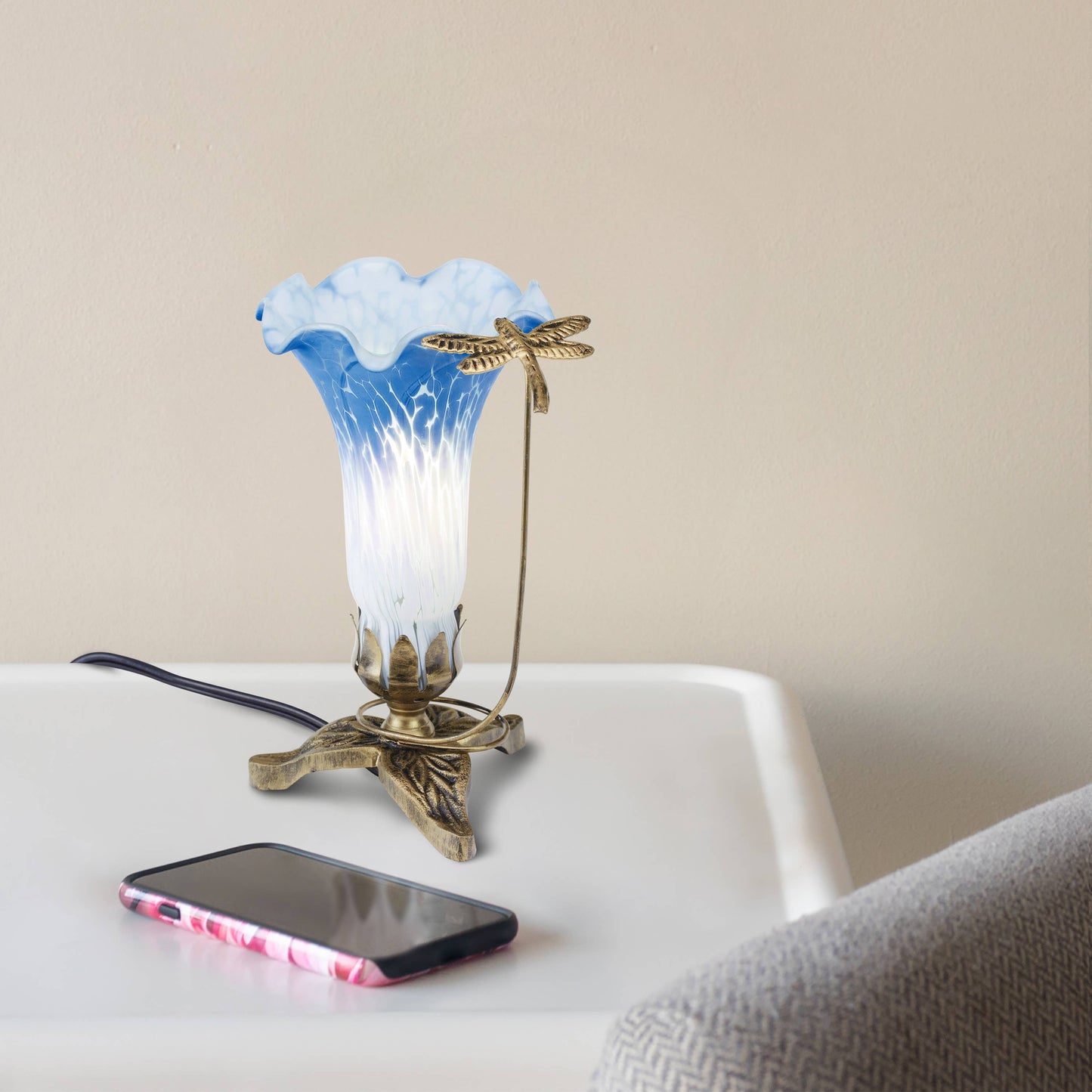 River of Goods - 9"H Blue & White Handpainted Glass Dragonfly Lily Lamp