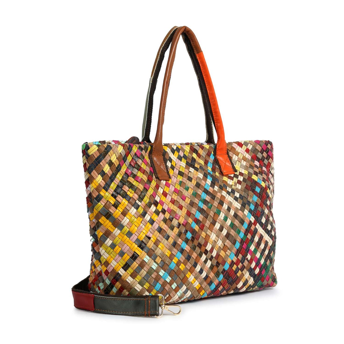Handbag Express - Genuine Leather Woven Large Tote Handbag: Multi