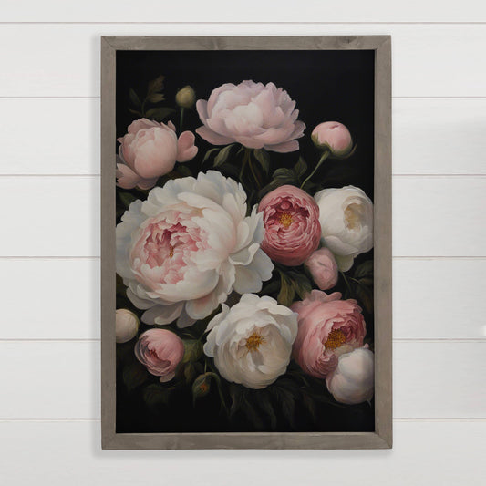Hangout Home - Pink and White Flowers on Black - Flower Canvas Art - Framed: 24x36" Extra Large Canvas Art with Thick Wood Frame